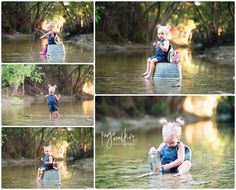 a collage of photos shows a baby in the water with a fishing rod, sitting on a bucket and holding a bottle