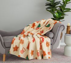 a couch with a blanket on top of it next to a potted plant