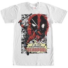 a white t - shirt with deadpool on the front and an image of deadpool in