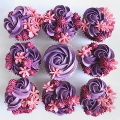 cupcakes with purple frosting and pink flowers