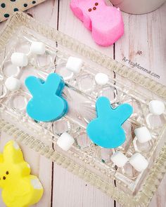 two blue and one yellow duck shaped cookie cutters on a clear tray with marshmallows