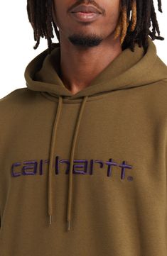 An embroidered logo marks the chest of a staple cotton-rich hoodie you'll wear as often as possible. 27" length (size Medium) Drawstring hood Ribbed cuffs and hem Lined hood 58% cotton, 42% polyester Machine wash, line dry Imported Script Branding, Carhartt Hoodie, Sweater Duster, Carhartt Work In Progress, Men Carhartt, Hoodie Green, Mode Casual, Embroidery Sweatshirt, Embroidered Hoodie