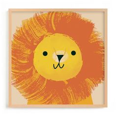 a lion's head is featured in this colorful poster, which features an orange mane and black eyes