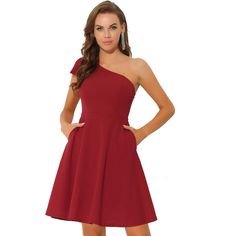 This fit-and-flare dress with pockets, made of soft and breathable fabric, is very comfy to wear. The one-shoulder-with-a-bow design makes this skater dress cute yet lady chic. Cute and gorgeous, it is fitted on top and then flares out beautifully, showing off your legs but not too short. This dress is soft-touching, lightweight, and breathable in solid color. Suitable for many different occasions. Perfect for night-outs, clubs, evening parties, cocktails, proms, weddings, dance parties, and oth Red Graduation Dress, Evening Cocktail Dresses, A Line Cocktail Dress, Christmas Party Dress, Red Cocktail Dress, Skater Dresses, Cocktail Evening Dresses, Evening Cocktail, Dresses Red