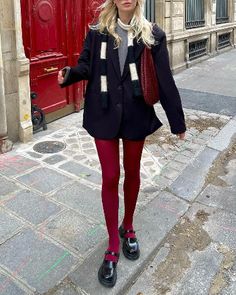 Red Tights Outfit, Linda Sza, Red Pantyhose, Red Tights, Downtown Outfits, Colored Tights, Tights Outfit, Red Outfit