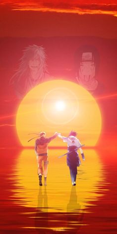 two people are walking across the water in front of an orange and yellow sunset with one person holding his hand out