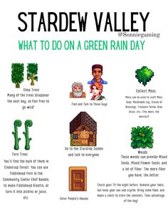 the stardew valley guide to green rain day info sheet with instructions on how to use it