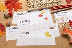 several different types of fall themed activities on a table