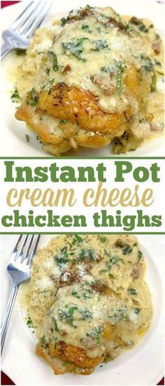 instant pot cream cheese chicken thighs on a white plate with a fork and green text overlay