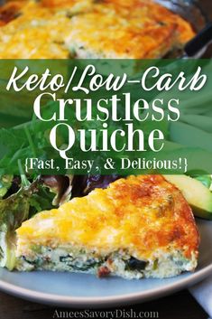 keto low carb crustless quiche on a plate with salad and avocado