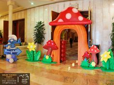 an image of a fake mushroom house in the lobby