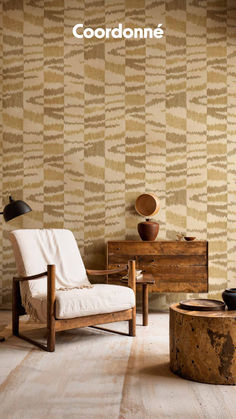 a living room with an animal print wallpaper and wooden furniture in the corner, along with a coffee table