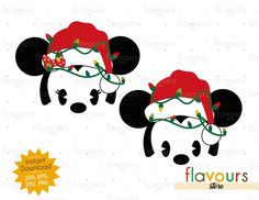 two minnie mouses with christmas lights on their heads, one is wearing a santa hat