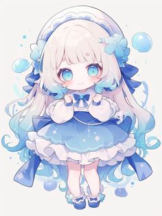 #Art#Anime Water Maiden, Girl White Dress, Cute Chibi Art, Axolotl Cute, Angel Feather, Ocean Blue Eyes, Walpaper Hello Kitty, Flowing Hair, Chibi Anime Kawaii