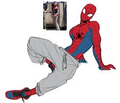 a drawing of a spider man sitting on the ground with his legs crossed and feet spread out