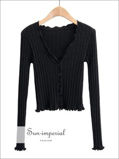 Sun-imperial Women Black V-neck Ribbed Knit Cardigan with Ruffle Trims detail Cheap Black Outerwear With Ribbed Cuffs, Cheap V-neck Ribbed Cardigan, Trendy V-neck Cardigan For Layering, Black Ruffled Sweater For Spring, V-neck Ruffled Sweater For Fall, Trendy Ribbed V-neck Cardigan, Elegant Black Ribbed Cardigan, Winter V-neck Top With Ruffles, Spring V-neck Ruffled Sweater