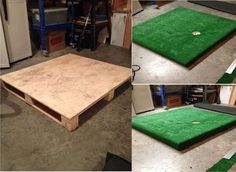 three pictures of the inside of a garage with green carpet and wood pallets on the floor