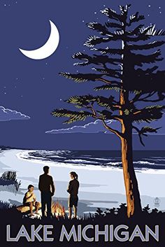 the poster for lake michigan shows three people sitting around a campfire under a tree