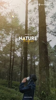 a man standing in the middle of a forest looking up into the sky with trees behind him