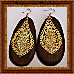 Dangle Wood Earrings With Gold Tone Designs Handmade Antique! Old Fashion Style Earrings. Brown Teardrop Hoop Earrings For Gifting, Brown Teardrop Hoop Earrings As Gift, Brown Teardrop Hoop Earrings For Gift, Elegant Brown Pierced Teardrop Earrings, Elegant Brown Teardrop Pierced Earrings, Elegant Brown Plug Earrings As Gift, Elegant Brown Plug Earrings For Gift, Wood Dangle Earrings, Antique Wood