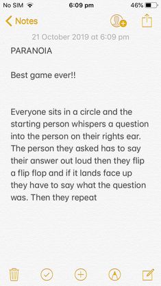 the text on the phone says, best game ever everyone sits in a circle and the starting person whispers a question into the person