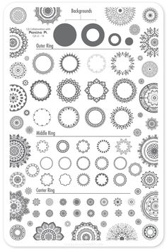 an assortment of circular and flower designs in black and white, with the text below it