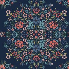 an ornate floral design with blue and pink flowers on a dark background, suitable for wallpaper or fabric