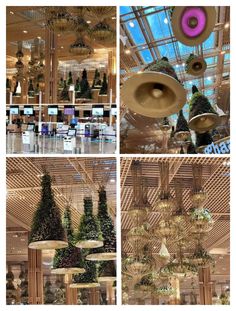 four different pictures of the inside of a building with trees and lights hanging from it