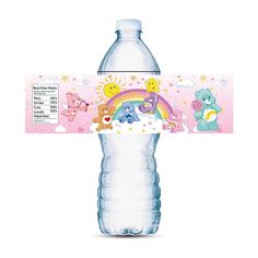 a water bottle with an image of a rainbow on the front and unicorns on the back