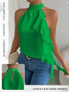 Camisa de hombros abiertos sólido y simple para mujer para uso diario Verde Casual  sin mangas Tela tricotada Liso Top No-Elástico  Women Clothing, size features are:Bust: ,Length: ,Sleeve Length: Chic Solid Color Button-up Tops, Casual Blouses For Women, Cheap Solid Green Blouse, Elegant Solid Color Button-up Tops, Green Non-stretch Solid Color Tops, Cheap Green 3/4 Sleeve Tops, Riviera Fashion, Modest Casual Outfits, Neck Designs For Suits