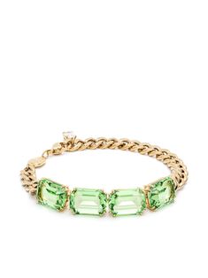 light green gold-tone hardware inset gemstones logo charm chain bracelet lobster claw fastening Elegant Green Chain Bracelet, Luxury Green Chain Jewelry, Green Chain Bracelet Jewelry, Green Formal Jewelry Chain, Formal Green Chain Jewelry, Luxury Jeweled Crystal Bracelets, Formal Crystal Chain Bracelets, Formal Green Jubilee Chain Bracelet, Elegant Green Crystal Metal Bracelet