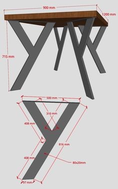 a drawing of a table with measurements for the top and bottom section, including two legs