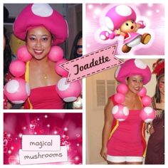 a collage of photos with pink and white items in the shape of mushroom hats