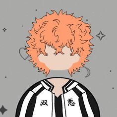 an anime character with orange hair and black and white striped shirt looking to the side