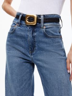 Letty Buckle Belt In Black/gold Girls Belts, Oversized Button Down Shirt, Vegan Leather Jacket, Alice And Olivia, Denim Maxi Skirt, Pink Skirt, Buckle Belt, Tweed Jacket, Black Belt