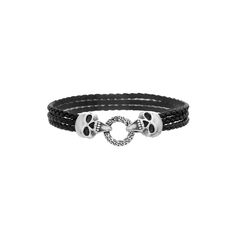 You'll love the edgy style of this men's triple strand black leather skull bracelet. You'll love the edgy style of this men's triple strand black leather skull bracelet.Click on this JEWELRY & WATCHES GUIDE to learn about fit, styles, materials and more! Length: 8 in. Metal: stainless steel Finish: oxidized Additional details: genuine black leather Packaging: boxed Please note, due to the high value of this item, a signature may be required upon delivery. Size: 8". Color: Silver Tone. Gender: ma Silver Skull Leather Bracelet In Punk Style, Punk Silver Leather Skull Bracelet, Silver Skull Punk Leather Bracelet, Black Gothic Leather Bracelet With Skull Shape, Black Gothic Leather Bracelet With Skull, Gothic Black Leather Bracelet With Skull, Black Gothic Leather Skull Bracelet, Gothic Black Leather Skull Bracelet, Adjustable Skull Bracelet With Edgy Style