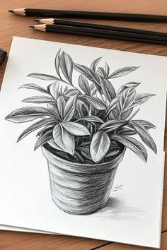 a pencil drawing of a potted plant on a table next to some markers and pens