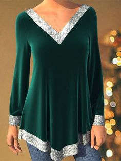 🚚FREE Shipping on orders over $60 ï»? 📏Sizing: run a little small. recommend size up - Gender: Women Type: T-Shirts Feature: Sequin Panel. V-Neck. Long Sleeve Material: Polyester Style: Casual/Fashion Color: Green Size: S. M. L. XL. 2XL. 3XL. 4XL Please Note: All Dimensions Are Measured Manually With A Deviation Of 1 To 3cm. Velvet Winter Dress, Sequin Pattern, Long Sleeve Denim Jacket, Long Sleeve Workout, Lace Trim Top, Tunic Pattern, Long Sleeve Knit Sweaters, Sleeve Pattern, Women's T Shirts