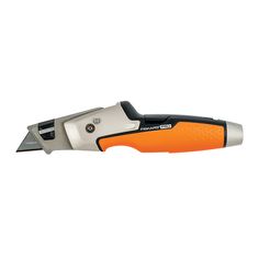 an orange and black knife on a white background