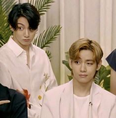 three young men sitting next to each other in front of plants and palm tree leaves