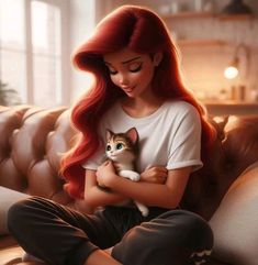 a woman with long red hair sitting on a couch holding a cat in her arms