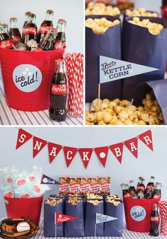 some food and drinks are on display in red buckets, popcorn bags, and flags