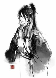 a black and white drawing of a woman with long hair wearing a kimono over her shoulder