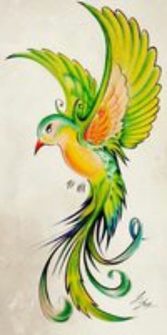 a painting of a bird with green and yellow feathers on it's back legs