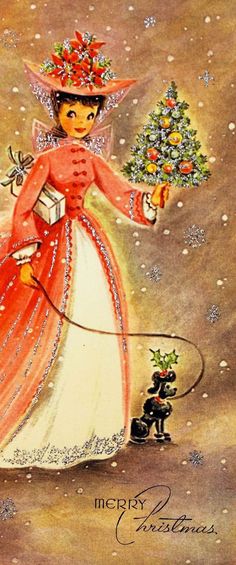 an old fashioned christmas card with a woman in a red dress holding a small tree