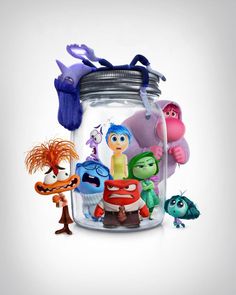 the inside of a glass jar filled with cartoon characters