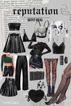 a collage of different outfits and accessories in black, white, and grey colors