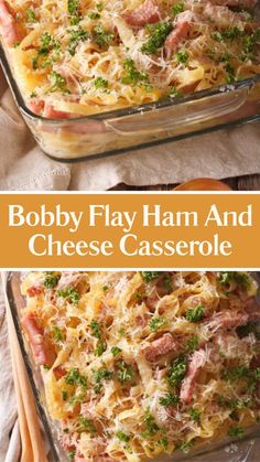 two images showing different types of food in glass casserole dishes with cheese, ham and parsley on top