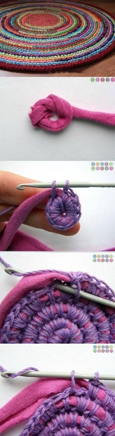 three pictures show how to crochet with yarn on the bottom, and in the middle