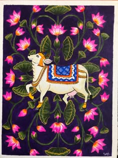 a painting of a white horse surrounded by pink flowers and green leaves on a purple background